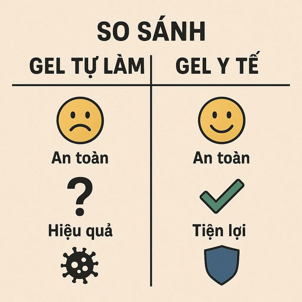 Infographic so sánh trực quan giữa gel bôi trơn tự làm tại nhà và gel bôi trơn y tế chính hãng về độ an toàn, hiệu quả và sự tiện lợi.